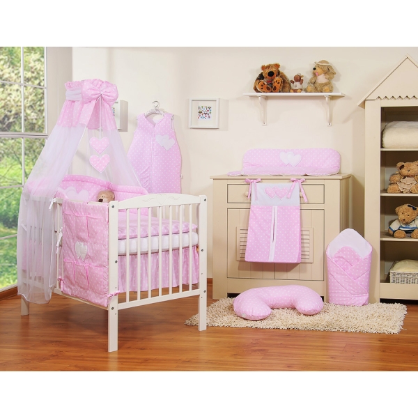 Ensemble de Linge pour Lit Bébé 7 pcs avec Ciel Rose à Pois Cœurs