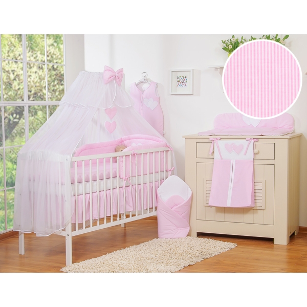 Ensemble de Linge pour Lit Bébé 7 pcs avec Ciel Rose Rayures Cœurs