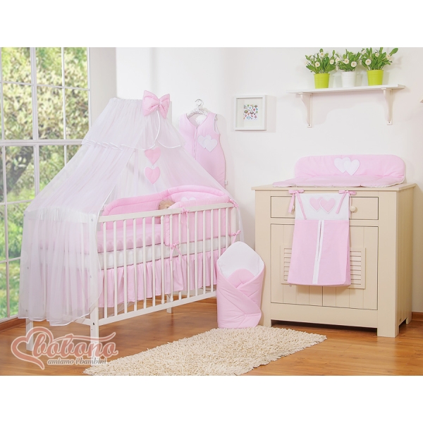 Ensemble de Linge pour Lit Bébé 7 pcs avec Ciel Rose Rayures Cœurs