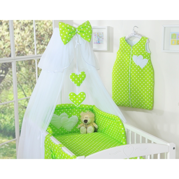 Ensemble de Linge pour Lit Bébé 7 pcs avec Ciel Vert à Pois Cœurs