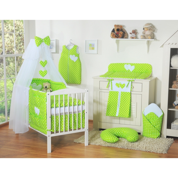Ensemble de Linge pour Lit Bébé 7 pcs avec Ciel Vert à Pois Cœurs