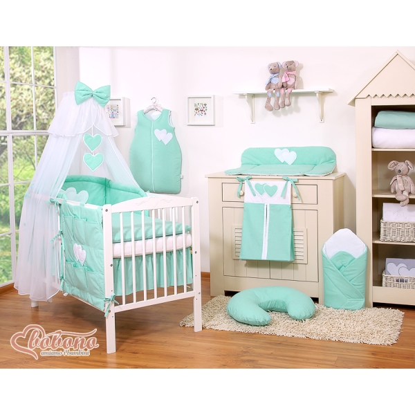 Ensemble Ligne Ciel Tour de Lit Bébé 5pcs Menthe à Pois Cœurs