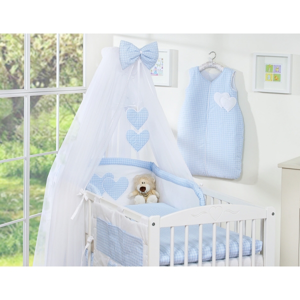 Ensemble Linge de Lit Bebe 5 pcs Moustiquaire Bleu à Carreaux Cœurs