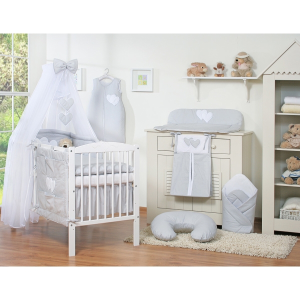 Ensemble Linge de Lit Bebe 5 pcs Moustiquaire Gris Cœurs