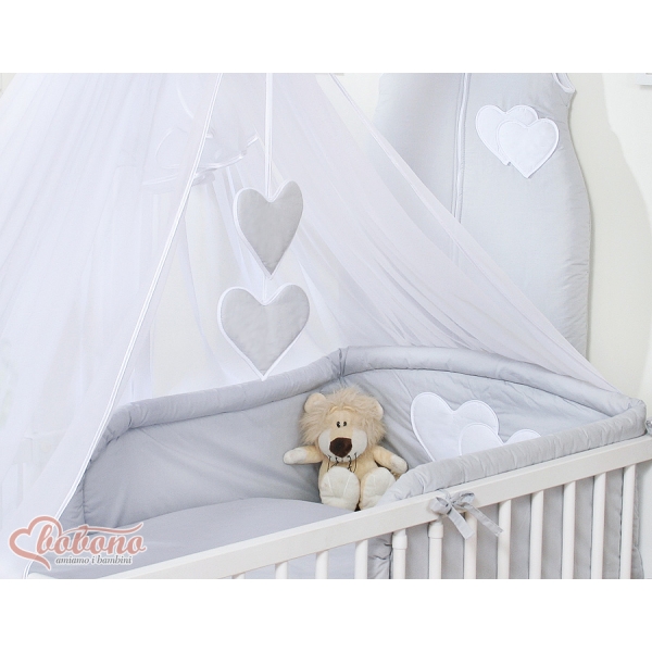 Ensemble Linge de Lit Bebe 5 pcs Moustiquaire Gris Cœurs