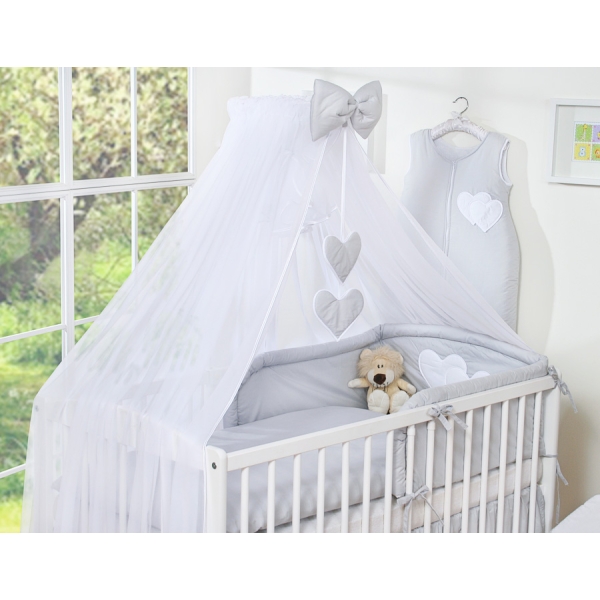 Ensemble Linge de Lit Bebe 5 pcs Moustiquaire Gris Cœurs