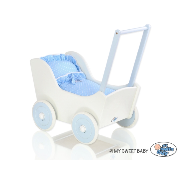 Landau de Poupée en Bois avec Textile Blanc Bleu