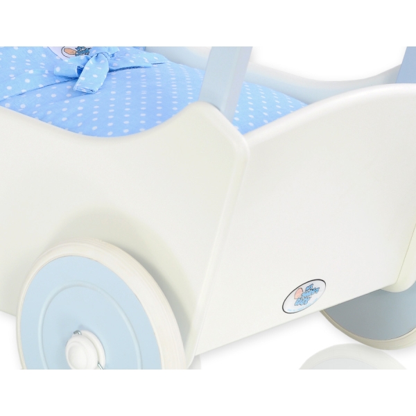Landau de Poupée en Bois avec Textile Blanc Bleu