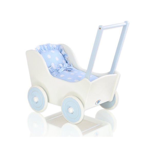 Landau de Poupée en Bois avec Textile Blanc Bleu