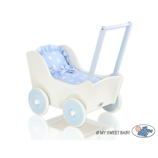Landau de Poupée en Bois avec Textile Blanc Bleu