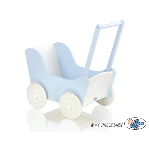 Landau de Poupée en Bois avec Textile Blanc Bleu