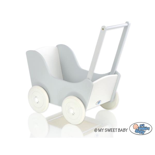 Landau de Poupée en Bois avec Textile Blanc Gris