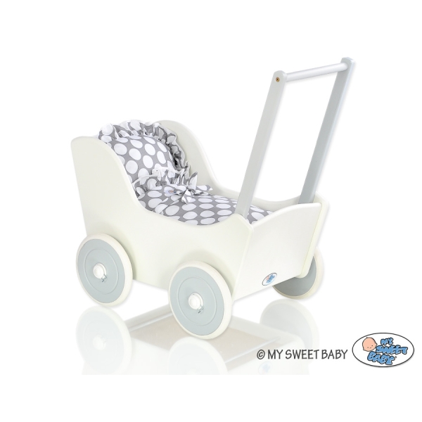 Landau de Poupée en Bois avec Textile Blanc Gris