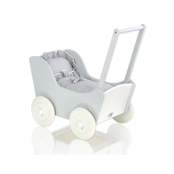 Landau de Poupée en Bois avec Textile Blanc Gris