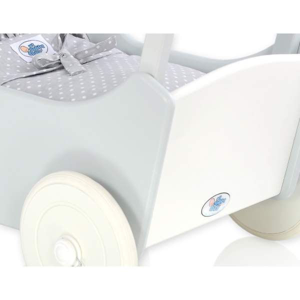 Landau de Poupée en Bois avec Textile Blanc Gris