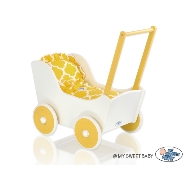 Landau de Poupée en Bois avec Textile Blanc Jaune