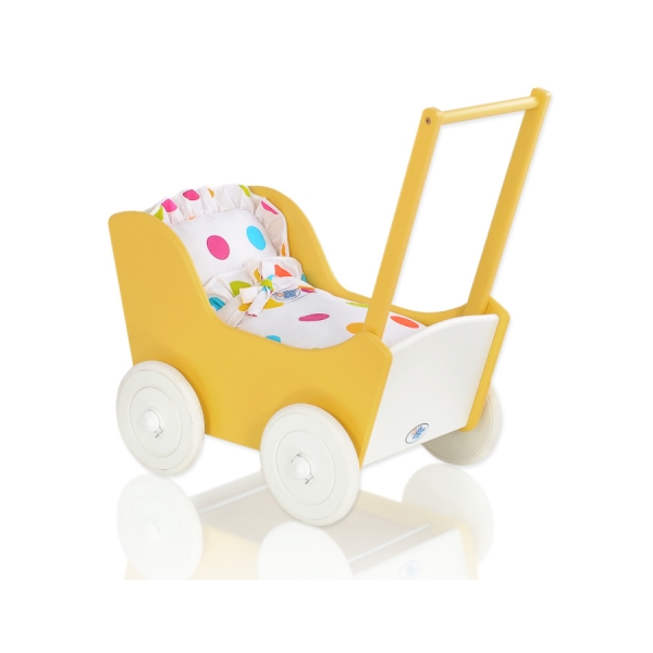 Landau de Poupée en Bois avec Textile Blanc Jaune