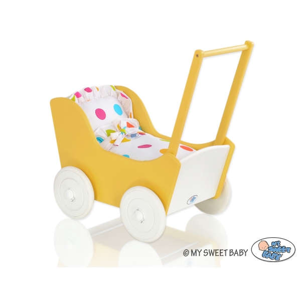 Landau de Poupée en Bois avec Textile Blanc Jaune