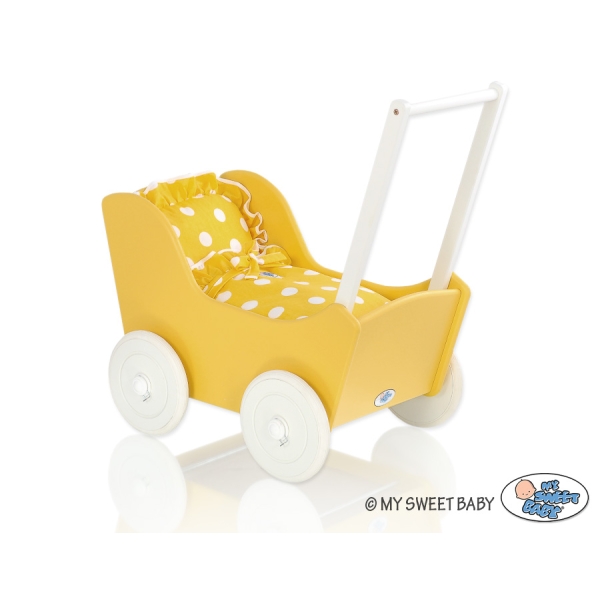 Landau de Poupée en Bois avec Textile Blanc Jaune à Pois