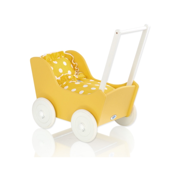 Landau de Poupée en Bois avec Textile Blanc Jaune à Pois