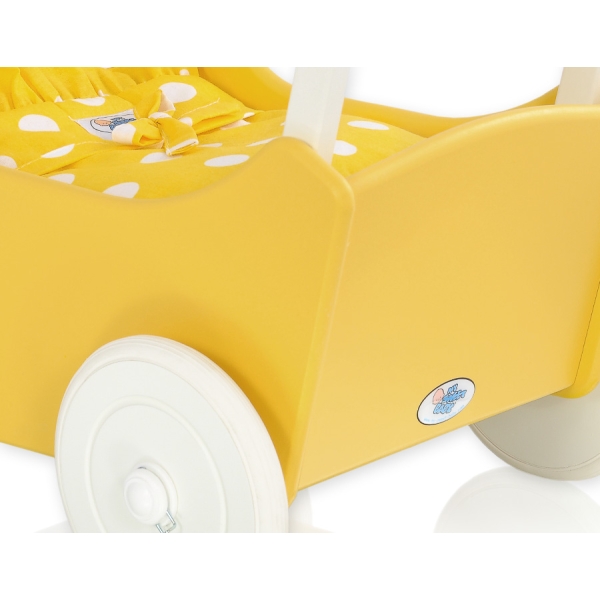 Landau de Poupée en Bois avec Textile Blanc Jaune à Pois