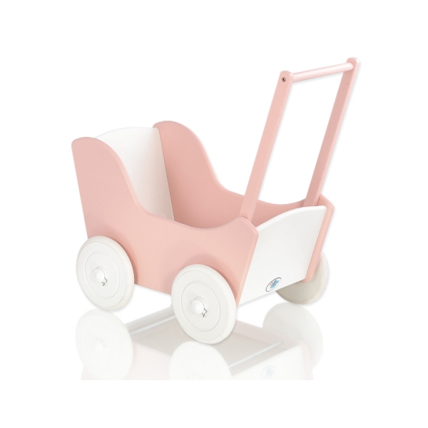 Landau de Poupée en Bois avec Textile Blanc Rose Poudré