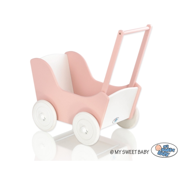Landau de Poupée en Bois avec Textile Blanc Rose Poudré