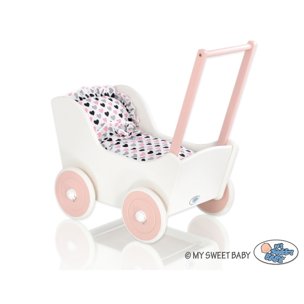 Landau de Poupée en Bois avec Textile Blanc Rose Poudré