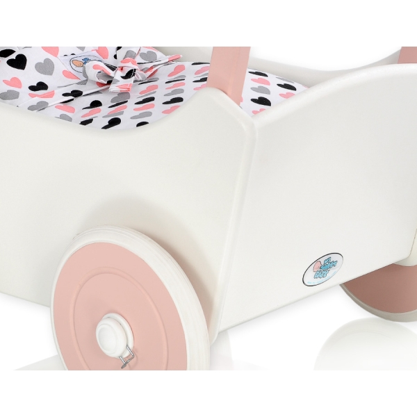 Landau de Poupée en Bois avec Textile Blanc Rose Poudré