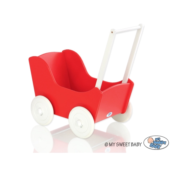 Landau de Poupée en Bois avec Textile Blanc Rouge