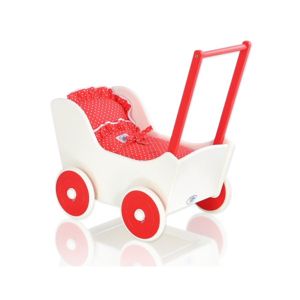 Landau de Poupée en Bois avec Textile Blanc Rouge