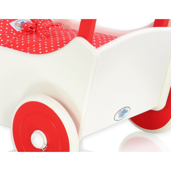 Landau de Poupée en Bois avec Textile Blanc Rouge