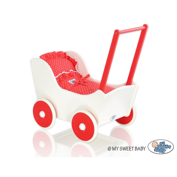 Landau de Poupée en Bois avec Textile Blanc Rouge