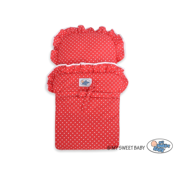Landau de Poupée en Bois avec Textile Blanc Rouge