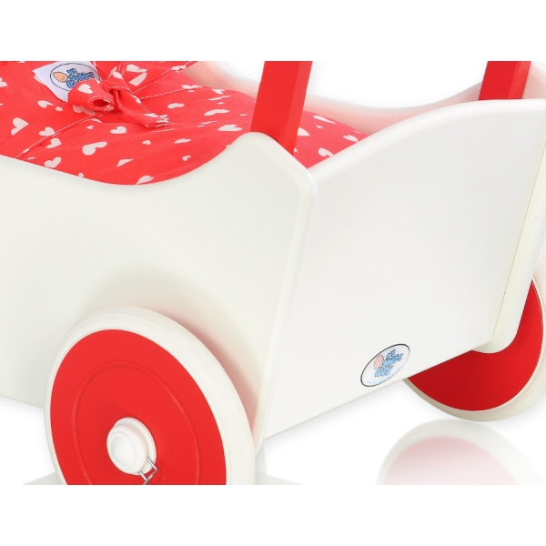 Landau de Poupée en Bois avec Textile Blanc Rouge