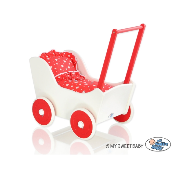 Landau de Poupée en Bois avec Textile Blanc Rouge