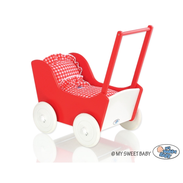 Landau de Poupée en Bois avec Textile Blanc Rouge