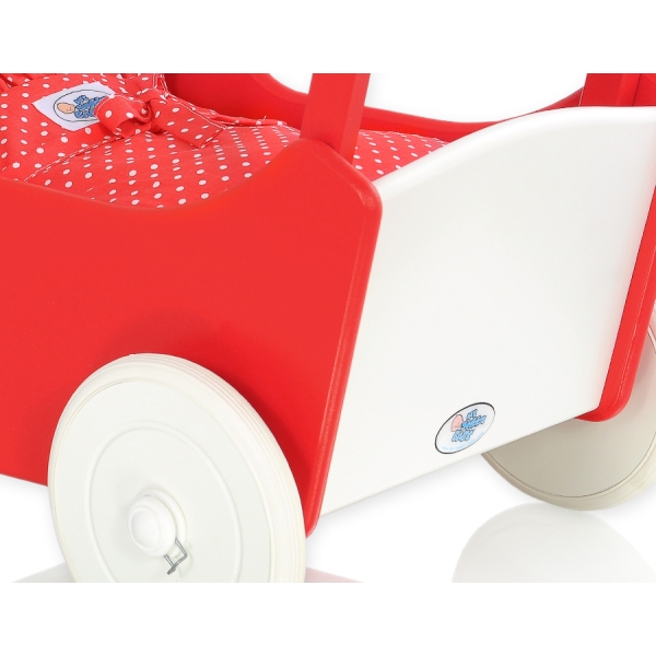 Landau de Poupée en Bois avec Textile Blanc Rouge