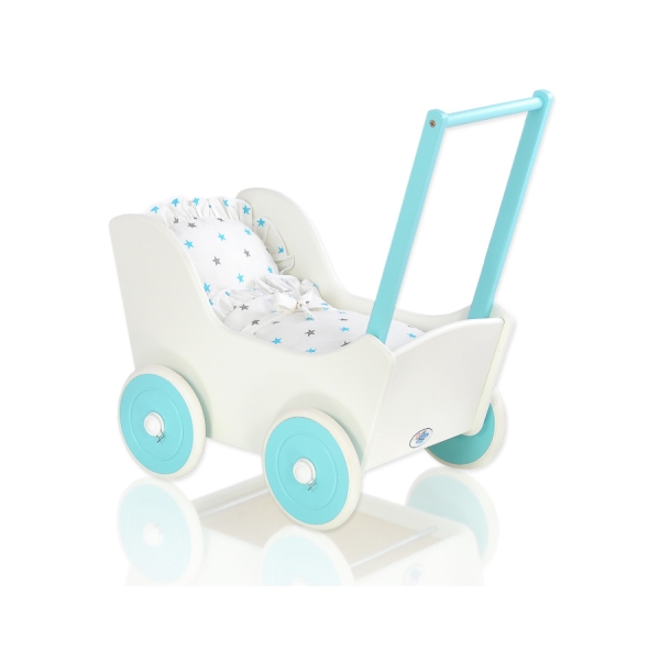 Landau de Poupée en Bois avec Textile Blanc Turquoise