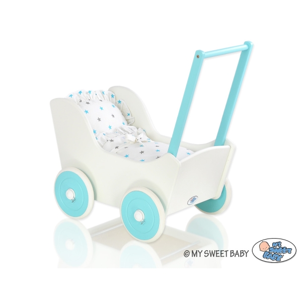 Landau de Poupée en Bois avec Textile Blanc Turquoise