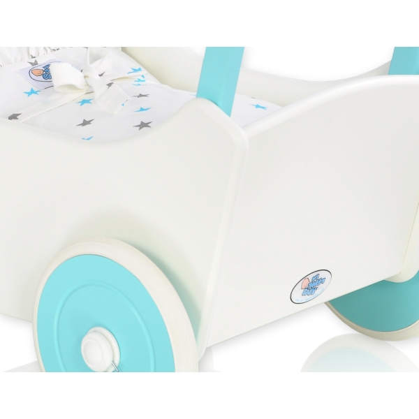 Landau de Poupée en Bois avec Textile Blanc Turquoise