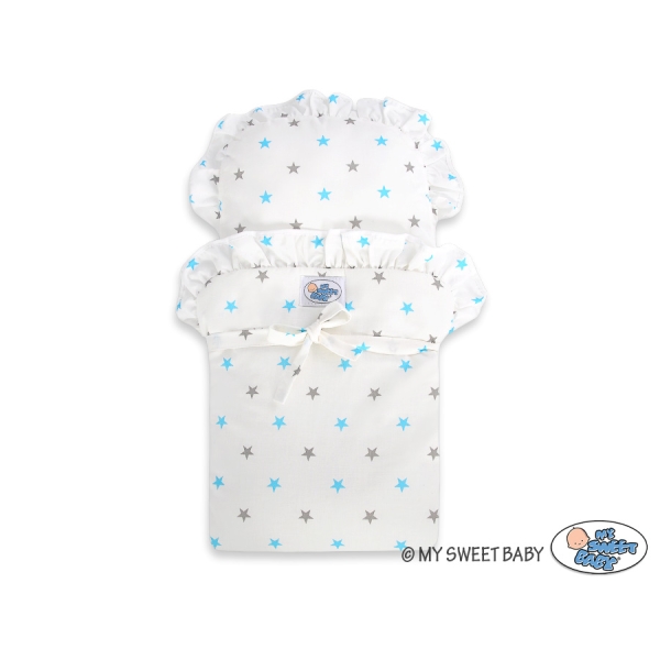 Landau de Poupée en Bois avec Textile Blanc Turquoise