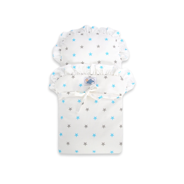 Landau de Poupée en Bois avec Textile Blanc Turquoise