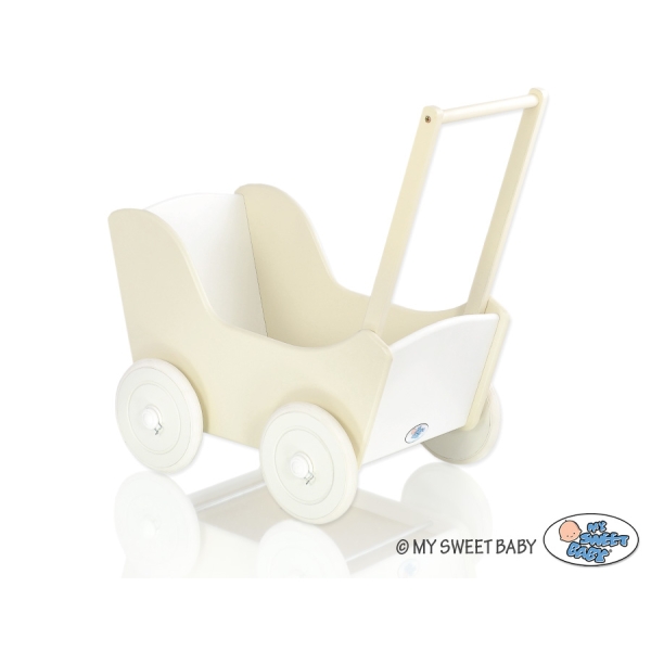 Landau de Poupée en Bois avec Textile Crème Blanc
