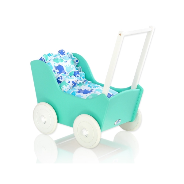 Landau de Poupée en Bois avec Textile Menthe Blanc