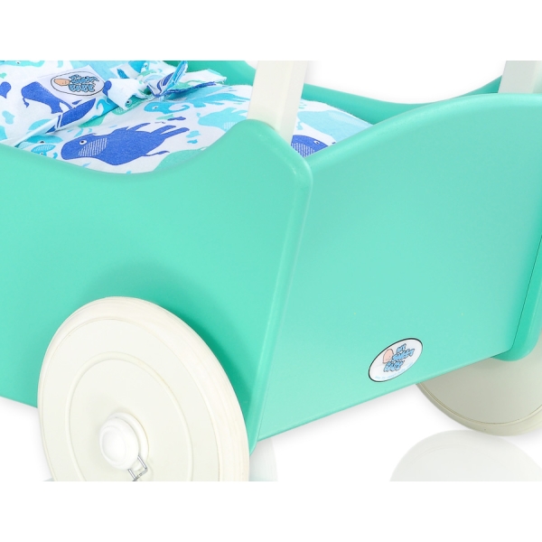Landau de Poupée en Bois avec Textile Menthe Blanc
