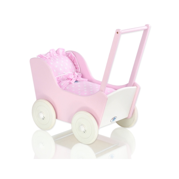 Landau de Poupée en Bois avec Textile Rose Blanc
