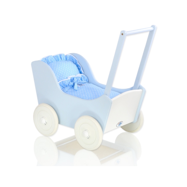 Landau de Poupée en Bois Blanc Bleu