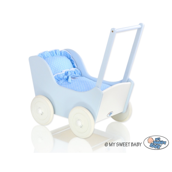 Landau de Poupée en Bois Blanc Bleu