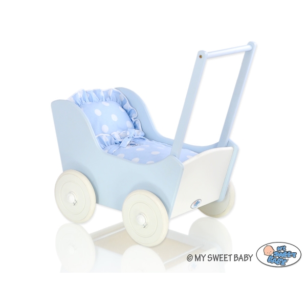 Landau de Poupée en Bois Blanc Bleu